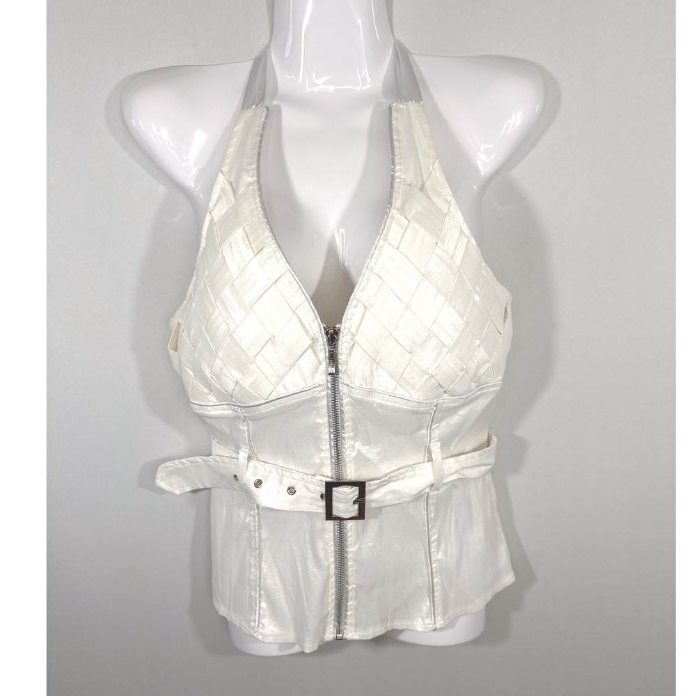 Ole Ole White Woven Halter Top Zip Front Belted Corset Womens Large Glam Festive